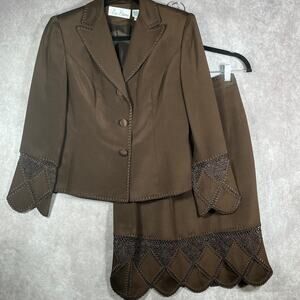 Vintage Liz Elana Skirt Suit Womens 6 Brown Silk Business Career Office Work‎